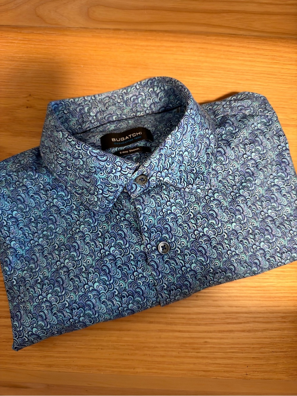 Men’s XL Bugatchi OoohCotton® Shirt Blue Micro Wave Print Button-Down Shirt